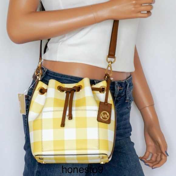 Michael Kors Small Bucket Bag Yellow White Gingham - Picture 2 of 8